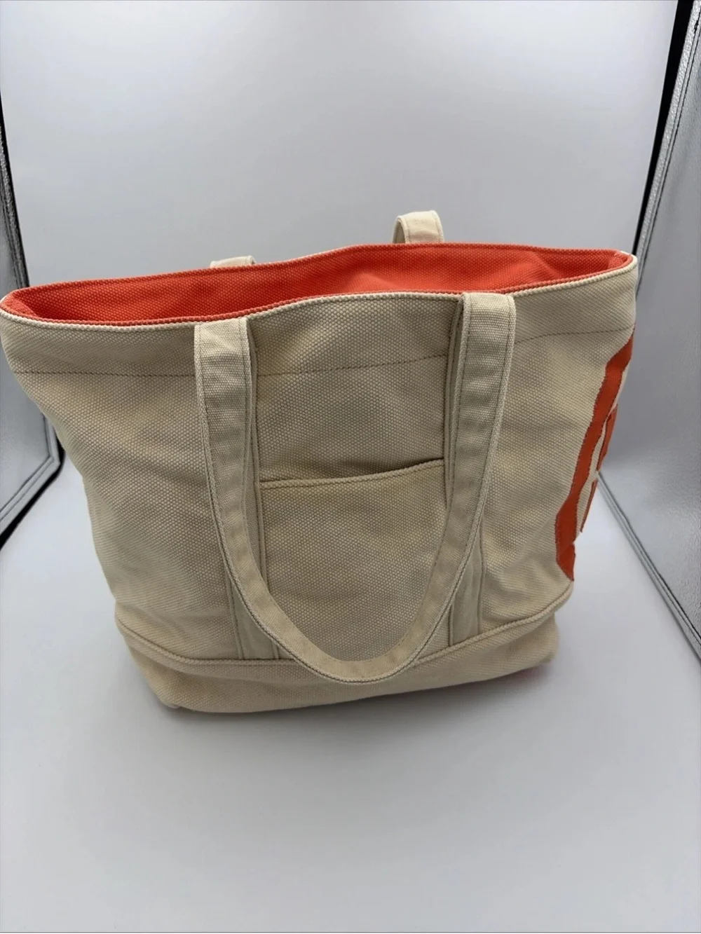 Tory Burch Beige Canvas Tote with Orange Logo Accent beach or summer handbag